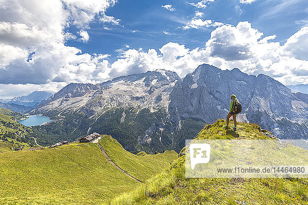 Hiker looks towards Viel del Pan Refuge with Marmolada in the background  Pordoi Pass  Fassa Valley  Trentino  Dolomites  Italy