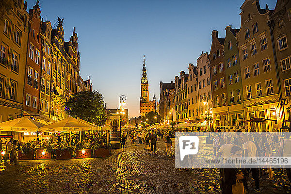 Hanseatic League houses with the town hall after sunset in the pedestrian zone of Gdansk  Poland