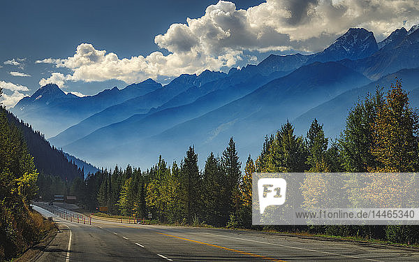 Scenic view of the mountains aligning the Trans Canada Highway in Glacier National Park  British Columbia  Canada  North America