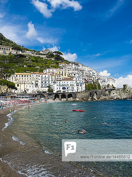 Italy  Amalfi  view to the historic old town with beach in the foreground