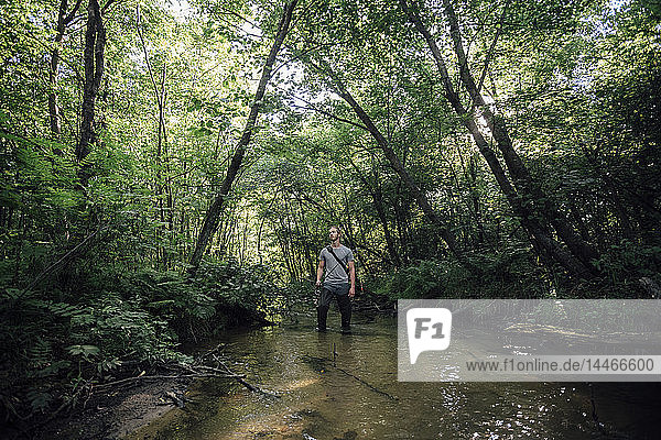 Young man fishing in a forest