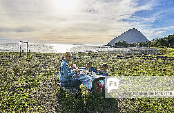 Chile  Chaiten  Carretera Austral  family having picnic at the beach