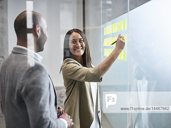 Businesswoman smiling at colleague writing on sticky notes at glass pane in office