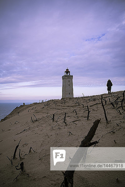 Denmark  North Jutland  back view of man looking at Rubjerg Knude Lighthouse at blue hour