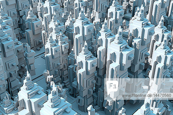 3D-gerenderte Illustration  Abstraktes konzeptuelles Rendering einer endlosen futuristischen Stadt