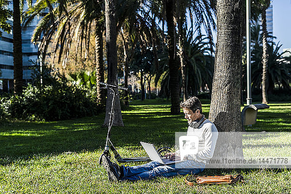 casual businessman sitting on grass in a park  using laptop