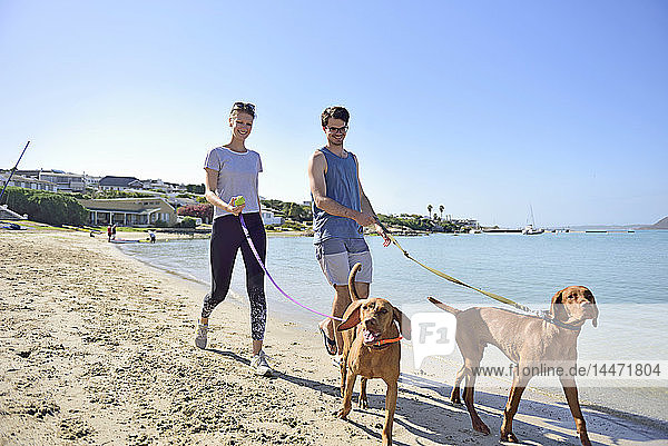 Junges Paar geht mit Hund am Strand spazieren