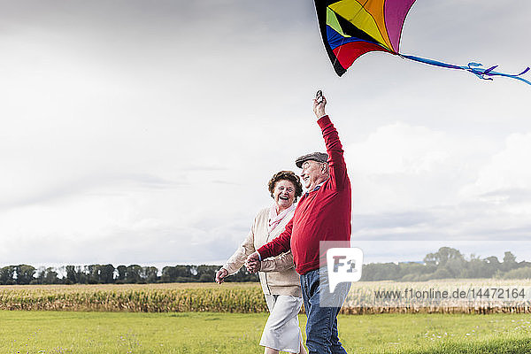 Happy senior couple with kite in rural landscape