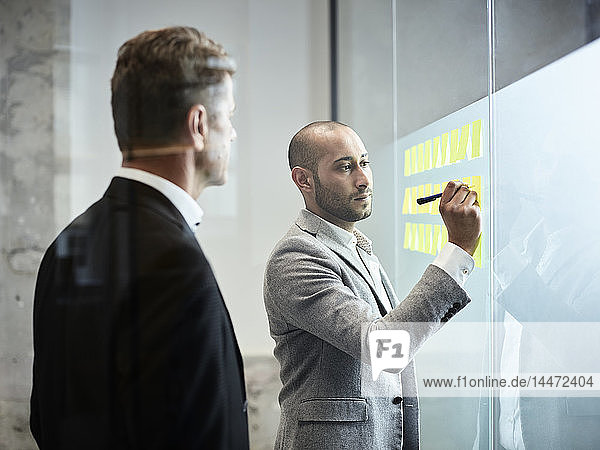 Businessman looking at colleague writing on sticky notes at glass pane in office