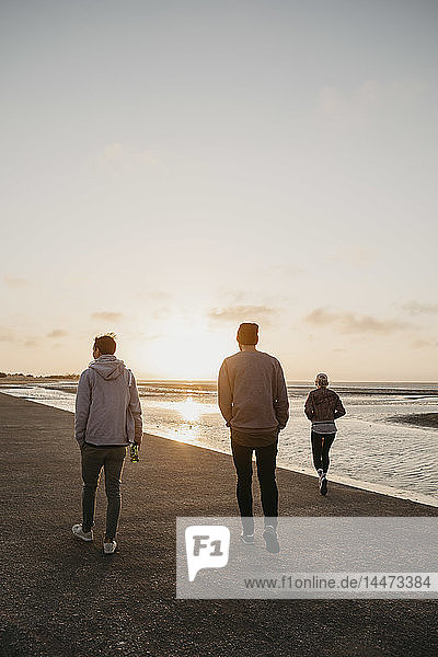 Namibia  Walvis Bay  Rückenansicht von drei Freunden  die bei Sonnenuntergang am Strand spazieren gehen