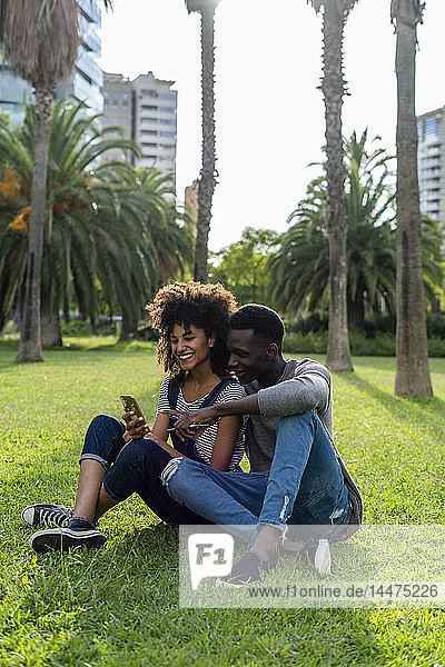 Happy couple sitting on lawn in a park  using smartphone