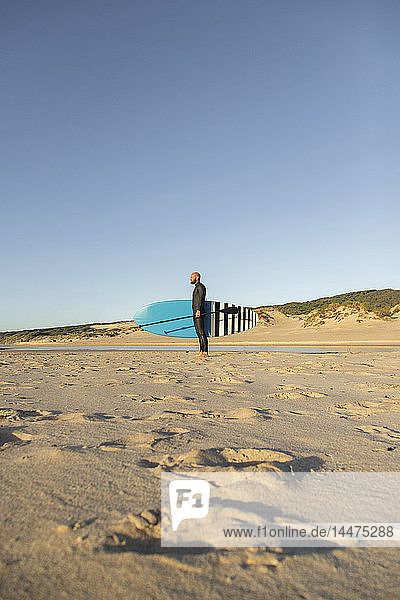 Spanien  Andalusien  Tarifa  Mann mit aufrechtem Paddelbrett am Strand