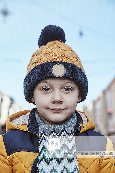 Portrait of a little boy  wearing wooly hat