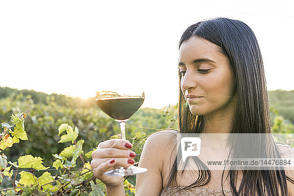 Italien  Toskana  Siena  junge Frau probiert Rotwein in einem Weinberg bei Sonnenuntergang