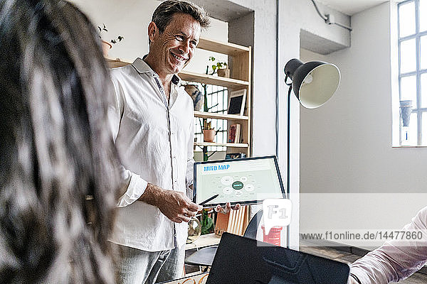 Smiling businessman leading a presentation in loft office