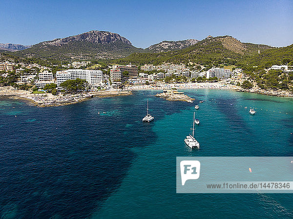 Spain Baleares Mallorce Calvia region Costa de la Calma Aerial view of Camp de Mar