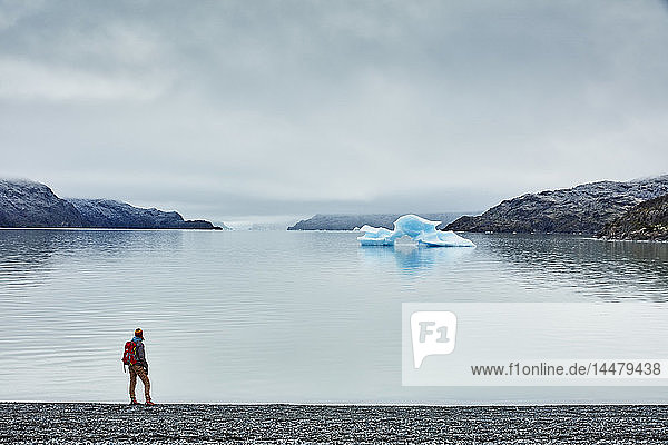 Chile  Torres del Paine Nationalpark  Lago Grey  Frau steht am Ufer und schaut auf den Eisberg