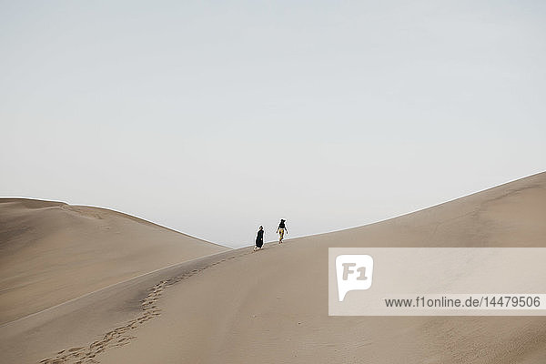 Namibia  Namib  back view of two women walking on desert dune