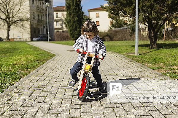 Kleinkind Junge mit Balance-Fahrrad auf einem Pfad