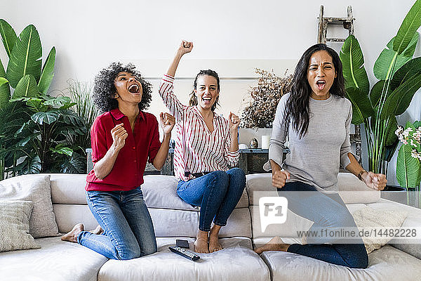 Drei aufgeregte Frauen  die zu Hause auf der Couch sitzen  fernsehen und jubeln
