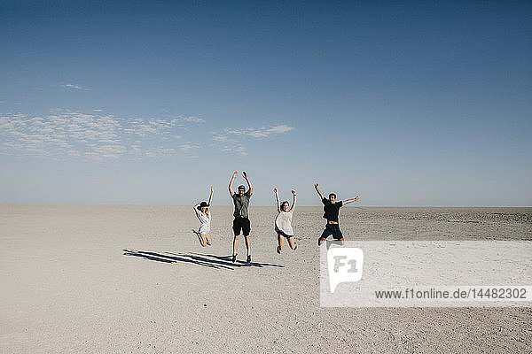 Friends travelling in the desert  jumping for joy