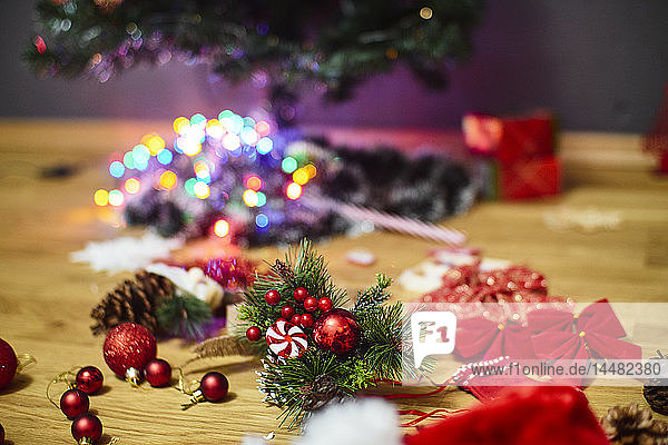 Christmas decoration on wooden floor