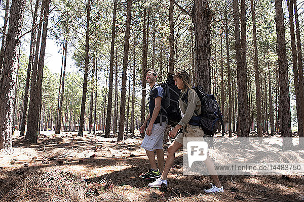 Junges Paar beim Wandern im Wald