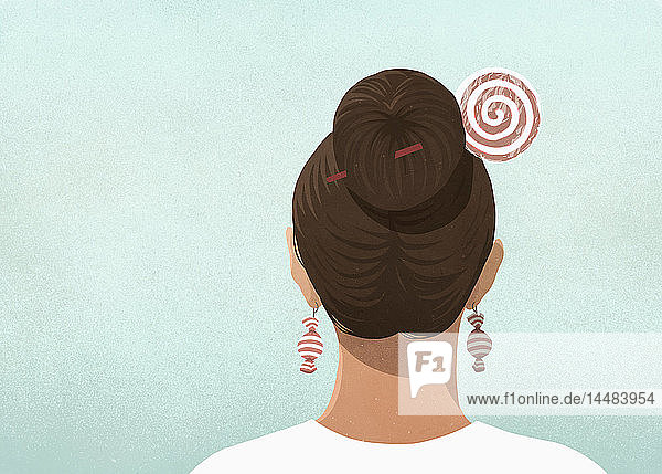 Frau mit Bonbon-Haarnadel und Ohrringen