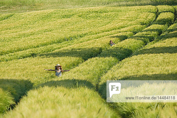 Unbeschwerte Mädchen laufen in einem sonnigen  idyllischen  grünen Weizenfeld