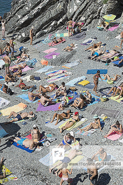 People Sunbathing On Sunny Rocky Beach Genoa Liguria Italy