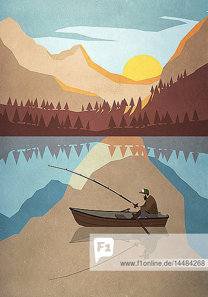 Mann fischt im Boot auf einem ruhigen Bergsee