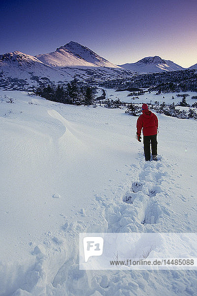 Man Hiking in Snow Flat Top Chugach Mts SC AK Winter Chugach NF