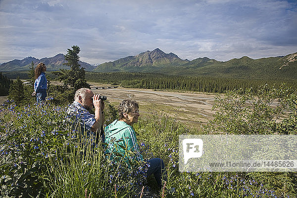 Mature couple overlooks Teklanika river valley in Denali National Park  Alaska during Summer