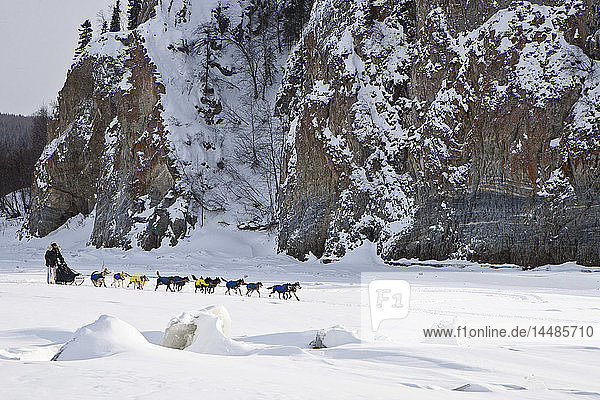 Hans Gatt on the Yukon River with cliffs in the background shortly after leaving the village checkpoint of Ruby in third place during the 2010 Iditarod