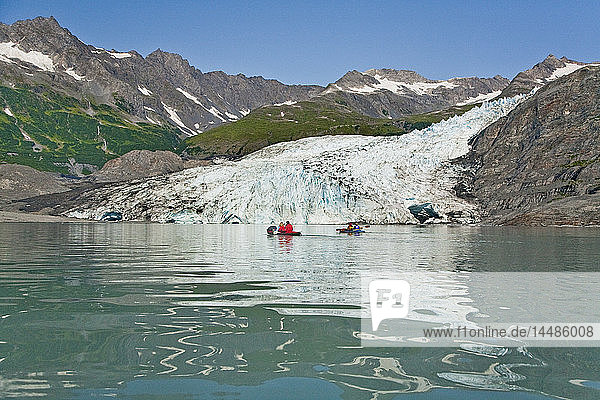Two couples kayaking in Upper Shoup Bay with Shoup Glacier background  Shoup Bay State Marine Park  Prince William Sound  Alaska