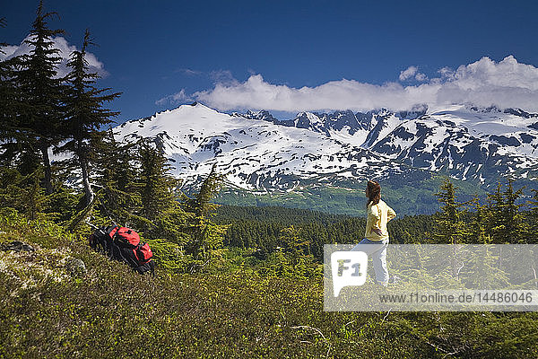 Couple hiking and viewing the Kenai Mountains from Lost Lake Trail near Seward  Alaska during Summer