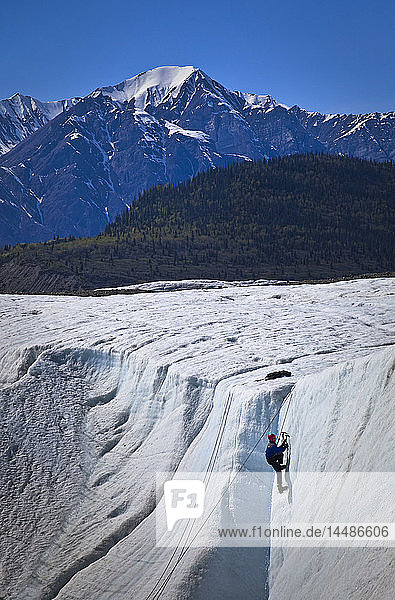View of a man ice climbing on Root Glacier Wrangell St. Elias National Park and Preserve  Southcentral Alaska  Summer