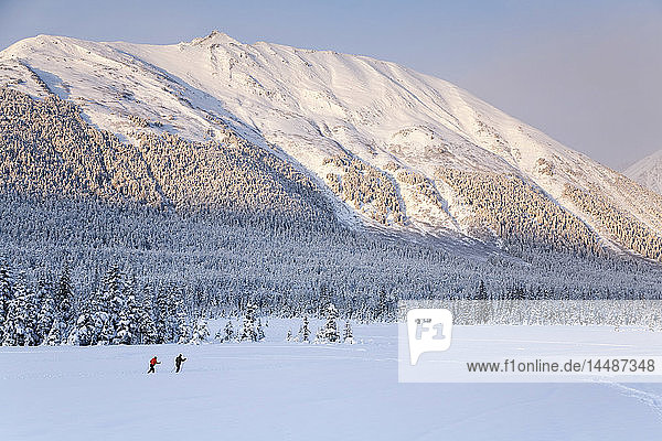Ein Paar beim Skilanglauf auf einer schneebedeckten Wiese  umgeben von Fichten und den Chugach Mountains in der Nähe von Girdwood in Süd-Zentral-Alaska
