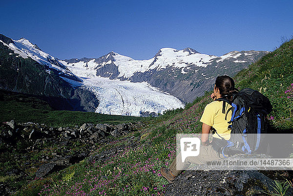 Woman Hiking at Portage Pass w/view of Glacier AK