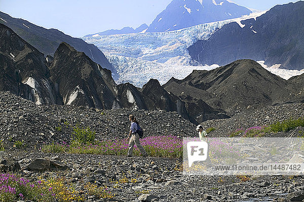 People Crossing Creek Kenai Fjords NP KP AK Summer /nPederson Glacier Aialik Bay