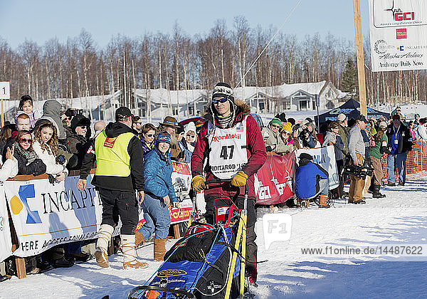 Joar Leifseth Ulsom heads down the chute during the restart of the 2014 Iditarod  Willow  Southcentral Alaska