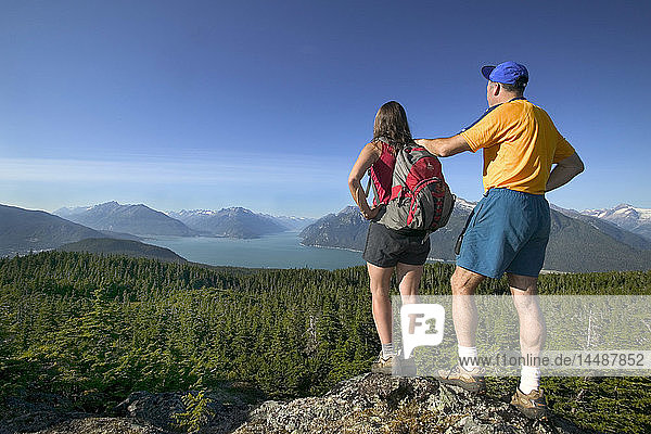 Hikers on Mt Riley Overlook Chilkoot & Taiya Inlet AK SE Summer Tongass NF Coast Mountains