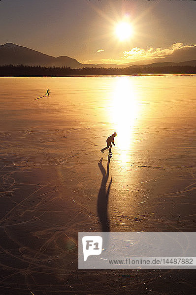 Ice Skater on Mendenhall Lake @ Sunset Southeast AK Winter