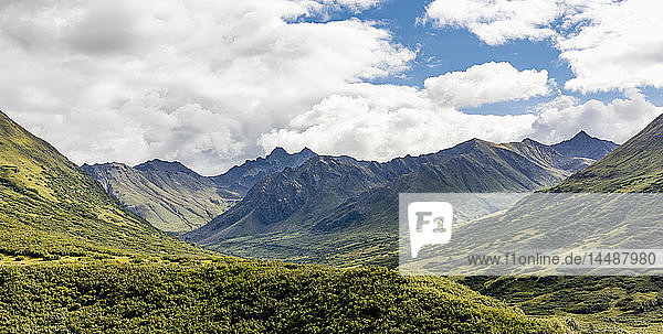 Scenic view of the Talkeetna Mounts and the Mint Glacier Valley at Hatcher Pass  Southcentral Alaska  Summer