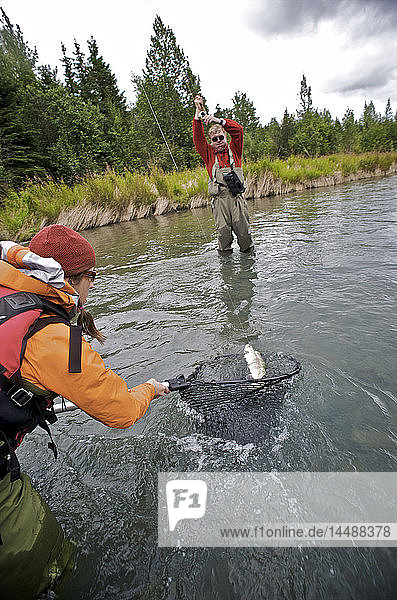 Ein Paar fängt und keschert eine Regenbogenforelle  die beim Fliegenfischen am oberen Kenai River auf der Kenai-Halbinsel in Süd-Zentral-Alaska im Herbst gefangen wurde.