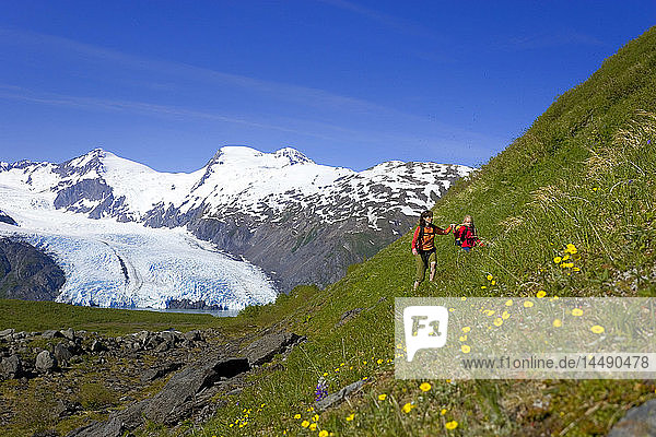 Mutter und Tochter wandern auf steilem  mit Wildblumen bedecktem Berghang Portage Pass Trail Chugach NF Alaska