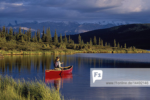Woman Canoeing in Wonder Lake Alaska Range DNP
