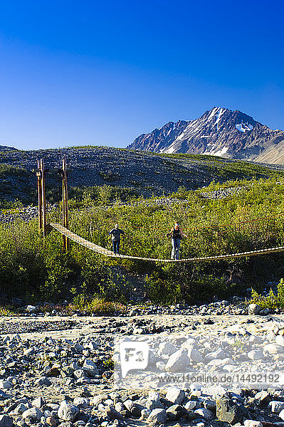 Hikers cross a suspension bridge over College Creek on their way to Gulkana Glacier  Southcentral Alaska  Summer/n