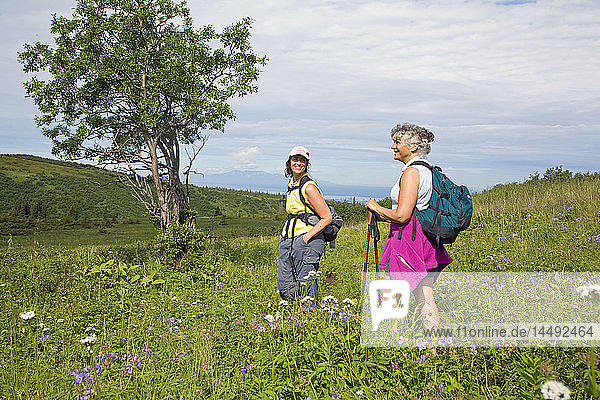 Zwei Wanderinnen auf dem Williwaw-Seenweg im Chugach State Park in der Nähe von Anchorage  Alaska  im Sommer