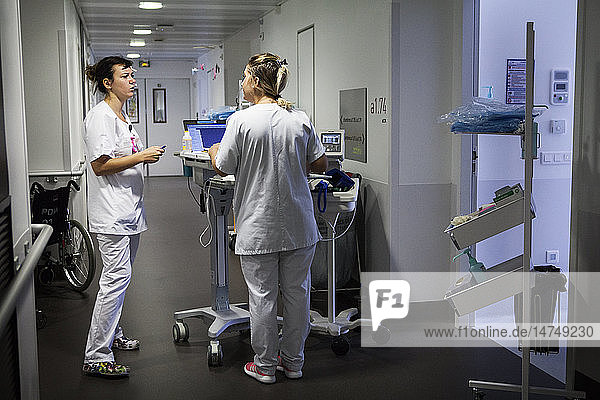 Reportage in the pediatric unit in a hospital in Haute-Savoie  France. A nurse and auxiliary nurse.